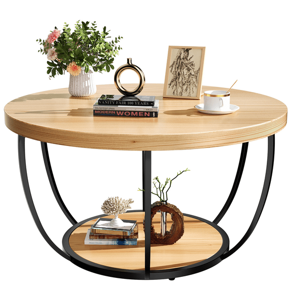 MIDOQIN 31.5" Round Coffee Table, 2-Tier Small Coffee Table with Storage Shelf & Metal Legs, Modern Center Table for Living Room & Kitchen, Wood