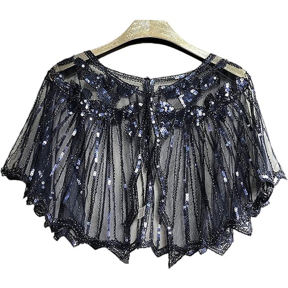Ladies Banquet Shawl Crochet Lace All-Match Women Cape Mesh Summer Beaded Sequin Shrug Flapper Dress for Party Black Blue One Size Black Blue One Size