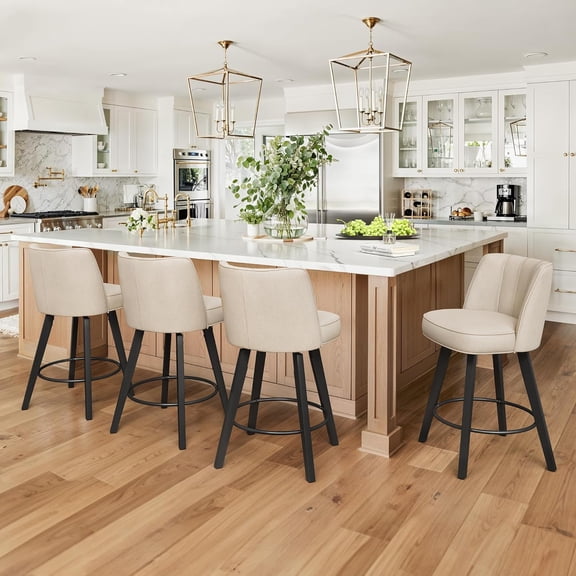 LUE BONA 360-degree Swivel Bar Stools Set of 2, 26" Counter Height Bar Stools with High Back and Wood Legs, Morden Faux Leather Upholstered Barstools, Linen Color