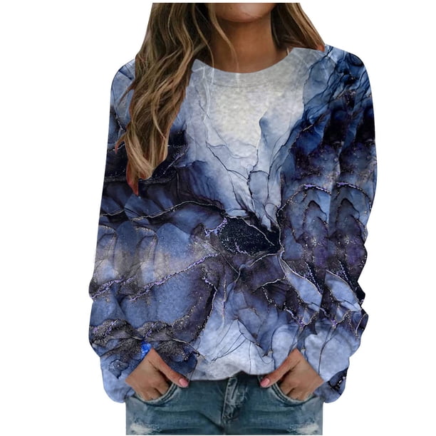 Camiseta suelta estampada a la moda para mujer, blusa de manga larga, cuello redondo, camisetas informales Pompotops FGAJ7503