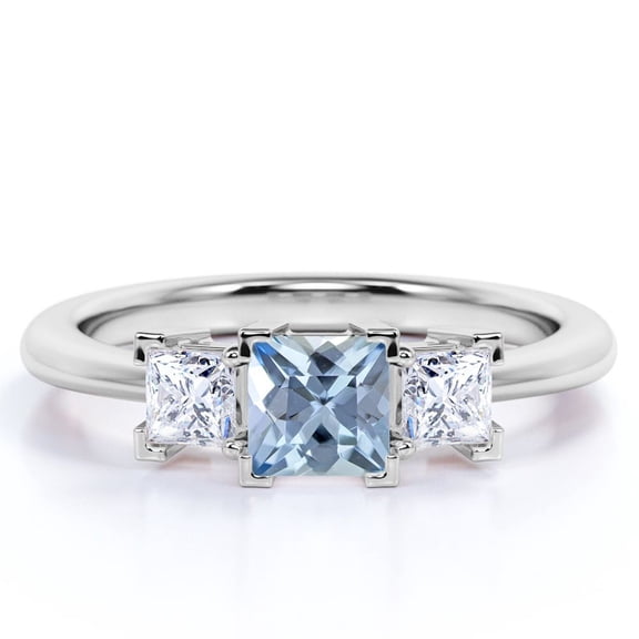 JeenMata 1 carat Princess Cut Light Blue Created Aquamarine Trilogy Vintage Engagement Ring in 18k White Gold over Silver