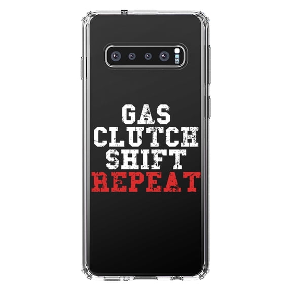 DistinctInk Clear Shockproof Hybrid Case for Samsung Galaxy S10  PLUS (6.4" Screen) - TPU Bumper Acrylic Back Tempered Glass Screen Protector - Gas Clutch Shift Repeat