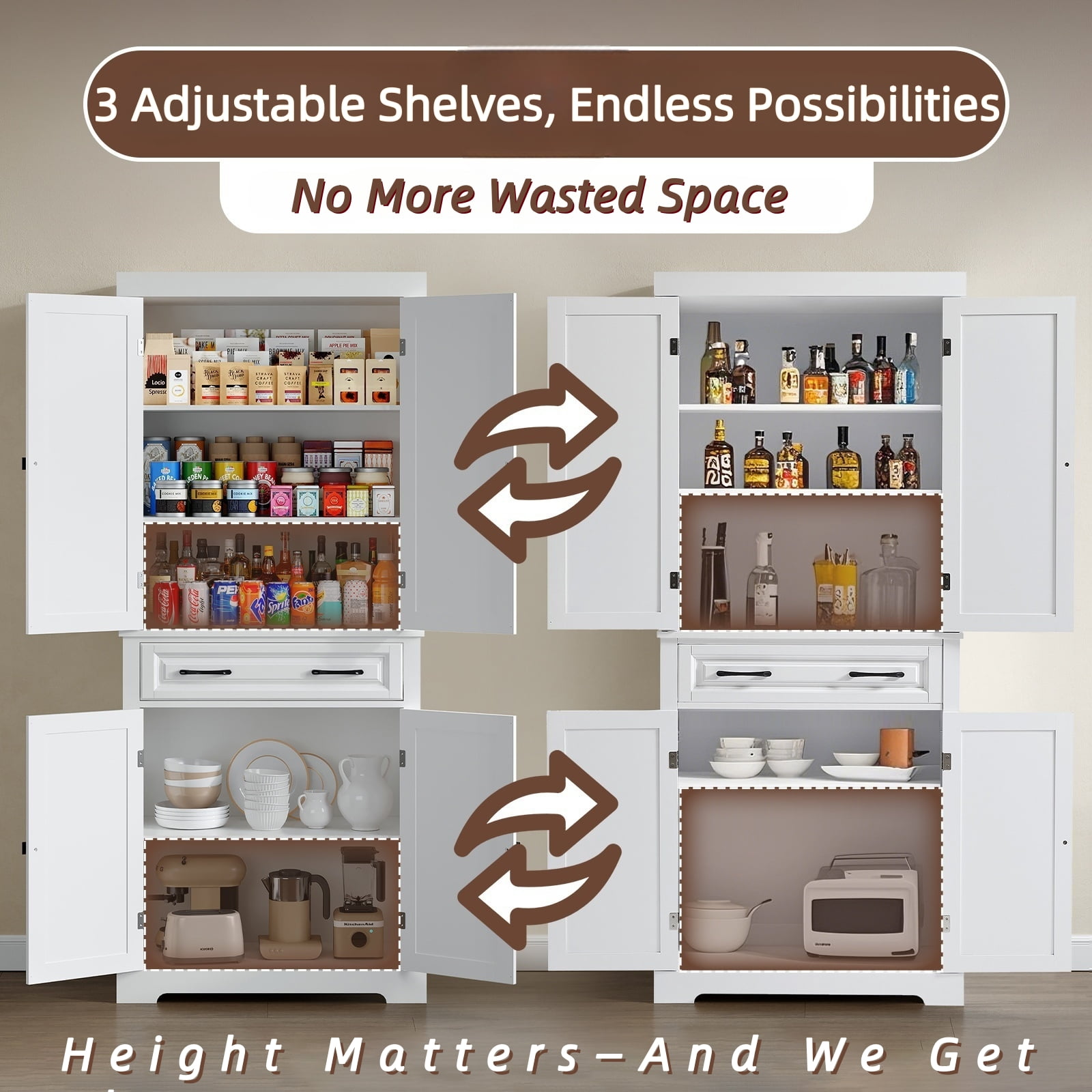AACULPET 72" Tall Kitchen Pantry Cabinet, Storage Cabinets with Drawer and Adjustable Shelves, White Bathroom Storage