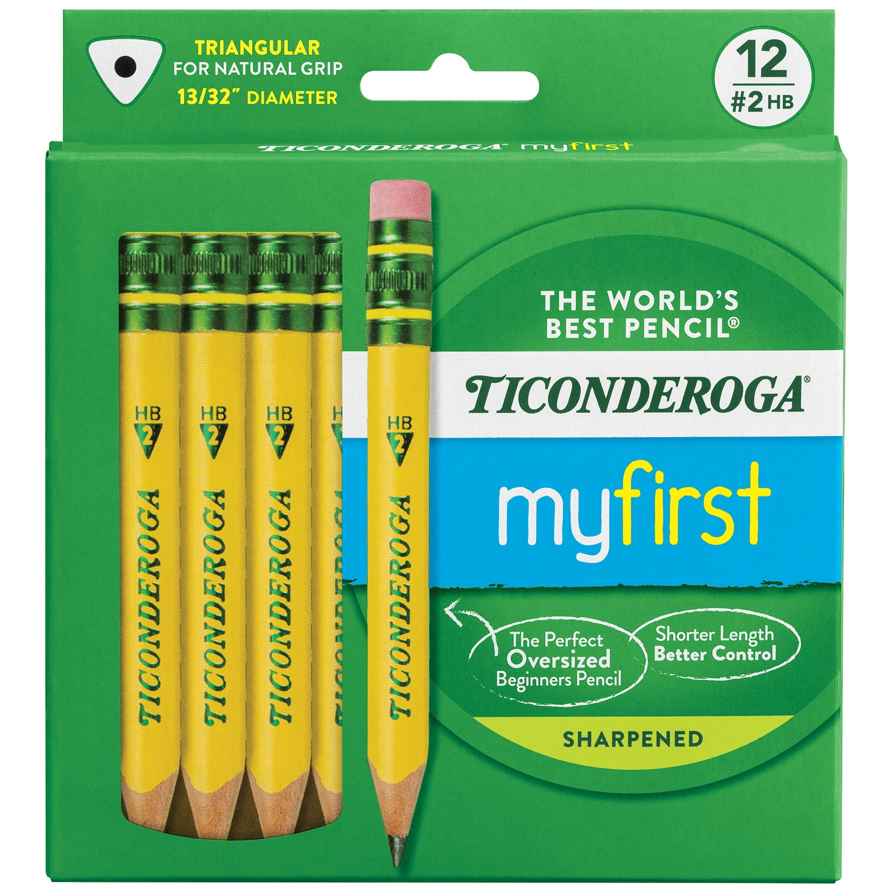 Ticonderoga My First Short Wooden Pencils, Large Triangle Barrel, Sharpened, #2 HB Soft, With Eraser, Yellow, 12 Per Pack, 2 Packs