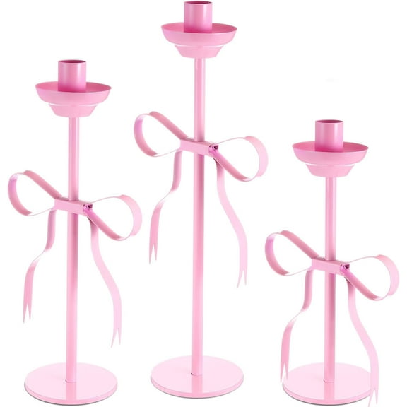 NestE 3 Pack Bow Taper Candle Holders 15 '' Tall Taper Candlestick Holders Metal Modern Candle Stands Decorative for Dining Table Mantel Centerpiece Wedding Dining Party Decor Gift 3 Size (Pink)