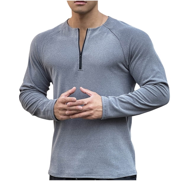 pstuiky Camisas de manga larga abrigadas para hombre, Camisa blusa de cuello redondo con cremallera de color liso para hombre top de hombre m