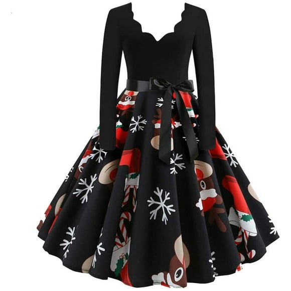 ATTOE Music Note Print Elegant Party Dresses Women 1950s 60s Retro Vintage Robe Plus Size Casual Christmas S-3XL (Color : B004, Size : X-Large)