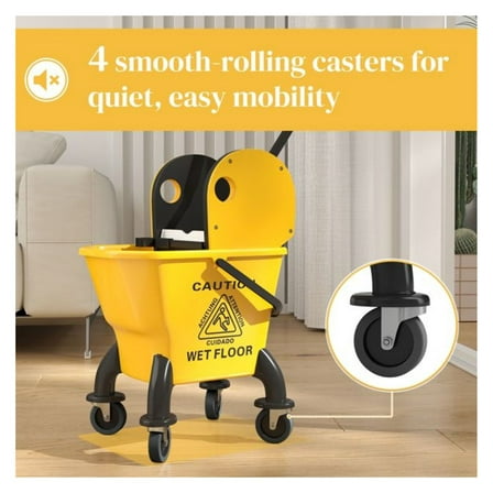 Mop Bucket Cart with Wringer - 27.5 Quart Yellow Janitorial Cleaning Cart - Commercial Mop System with Wheels & Mop Holder - Heavy Duty Cleaning Supplies for Home & Office