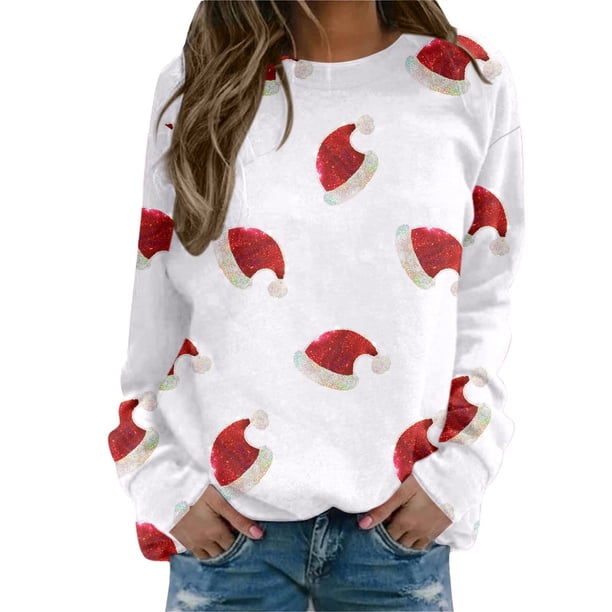 Gibobby Sudaderas navideñas Blusa de manga larga con cuello en O para mujer, para uso diario, en casa, al libre, con estampado navideño(Blanco,M)