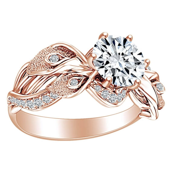 AFFY 1.2 Carat Round Shape Moissanite & Natural Diamond Lily Flower Engagement Ring 14K Solid Rose Gold Ring Size-5