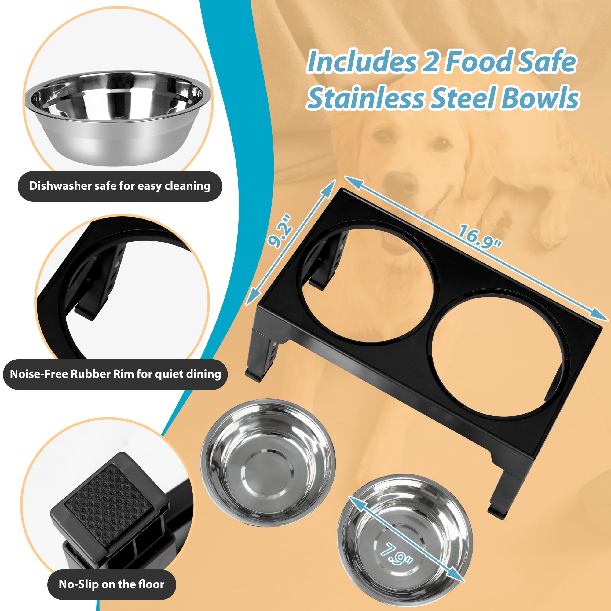 Elevated Dog Bowls Stand with 2 Stainless Steel Food Bowl,5 Height Adjustable,Black