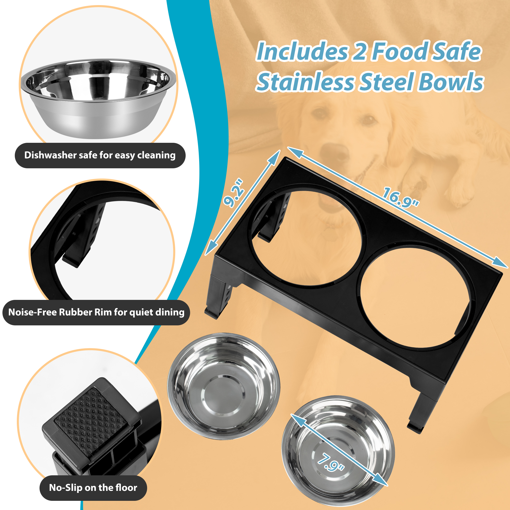 Keypoter Elevated Dog Bowl Stand, Adjustable 5 Heights with 2 Stainless Steel Bowls photo 3