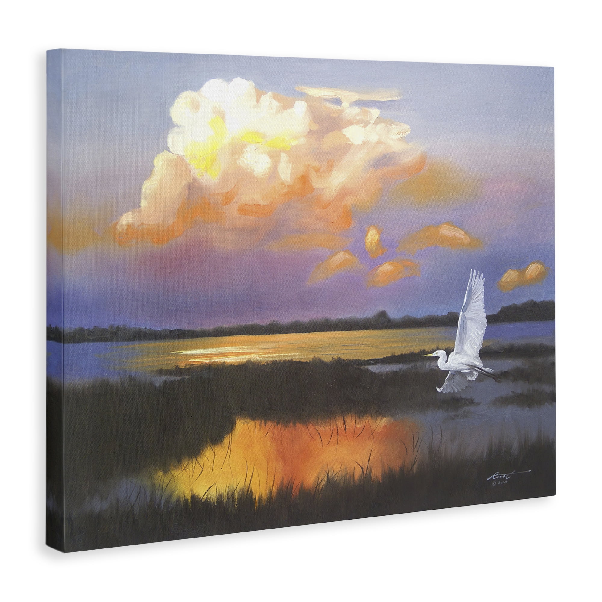 Stupell Industries Egret Over Cloudy Reflection Landscape Painting Gallery Wrapped Canvas Art Print Wall Art, 48 x 36