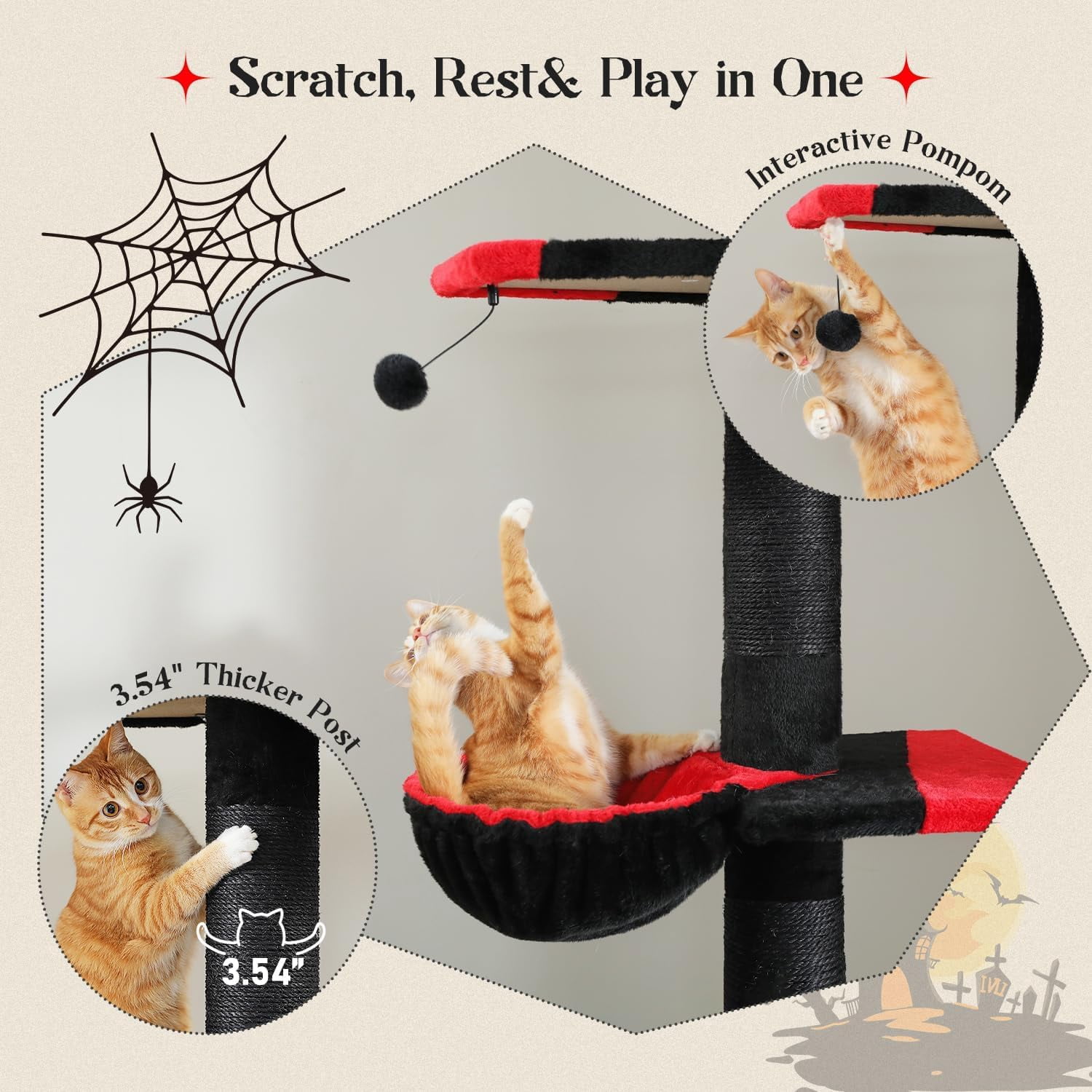 Gothic Cat Tree, Floor to Ceiling Cat Tower with Adjustable Height (86.8-120 Inches), 5 Tiers Black Cat Condo with Cozy Hammock, Fully Scratching Posts and Dangling Balls for Indoor Cats