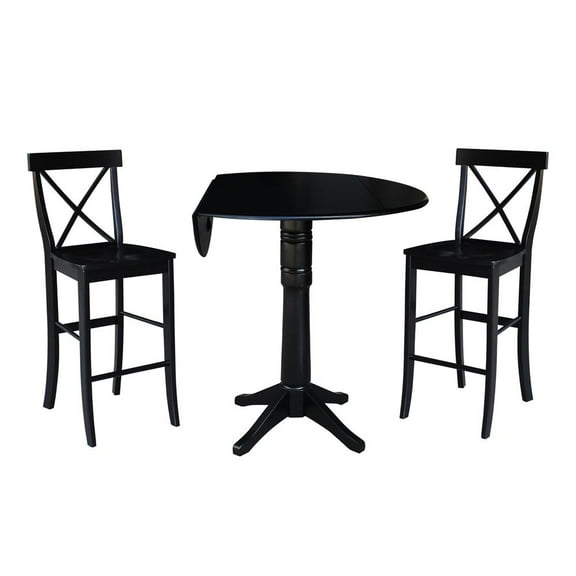 42" Round Solid Wood Bar Height Pedestal Dining Table with 2 Bar Height Stools in Black by International Concepts