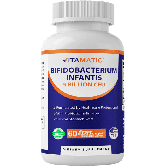 Vitamatic Bifidobacterium Infantis - 5 Billion per DR Capsule - 60 Count - Digestive Support - Made with Prebiotic Inulin Fiber