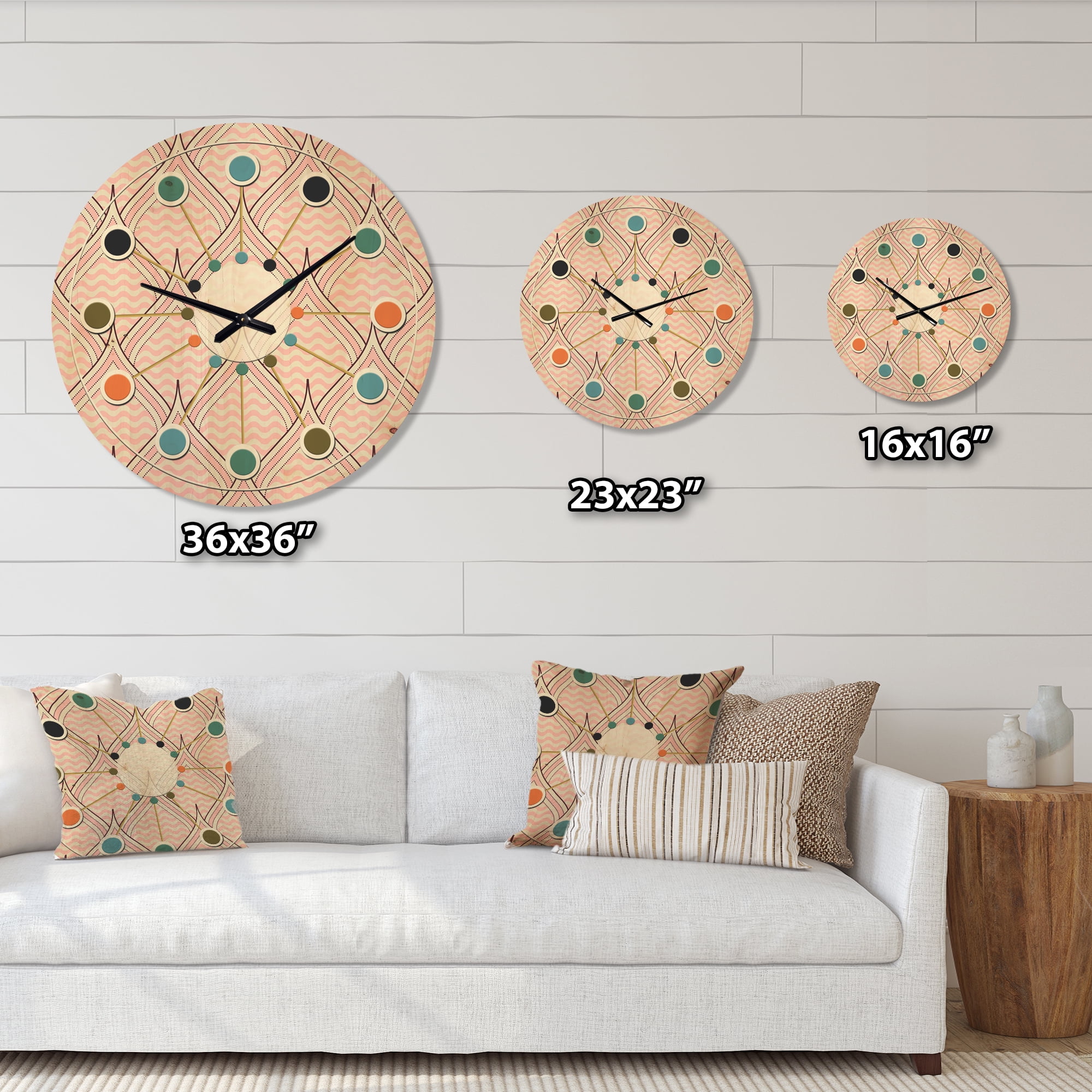 Designart 'Decorative Elements With Retro Ornament' Mid-Century Modern Wood Wall Clock