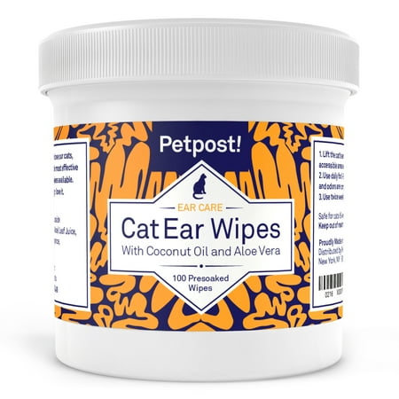 Petpost | Cat Ear Cleaner Wipes - 100 Ultra Soft Cotton Pads in Coconut Oil Solution - Treatment for Cat Ear Mites & Cat Ear