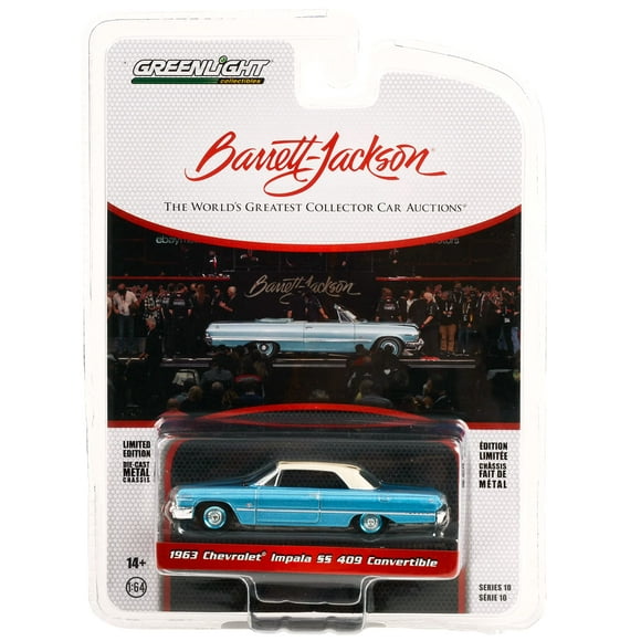 1963 Chevy Impala SS 409 Convertible Azure Aqua Blue Met. w/Cream Top (Lot #1119) Barrett-Jackson 1/64 Diecast Model Car by Greenlight 37260 B