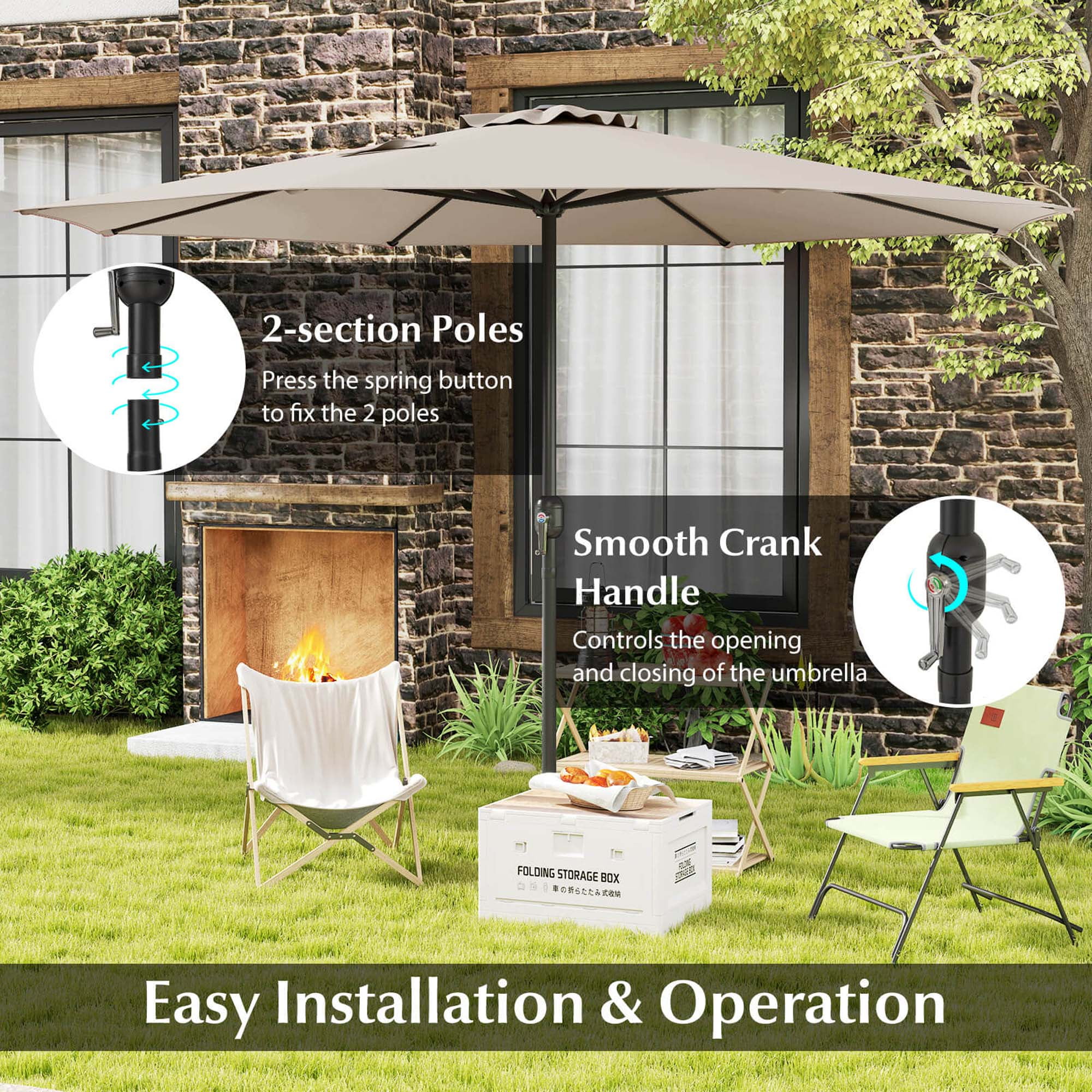 Costway 12 FT Patio Umbrella Outdoor Market Umbrella with Crank Handle 8 Sturdy Ribs Beige