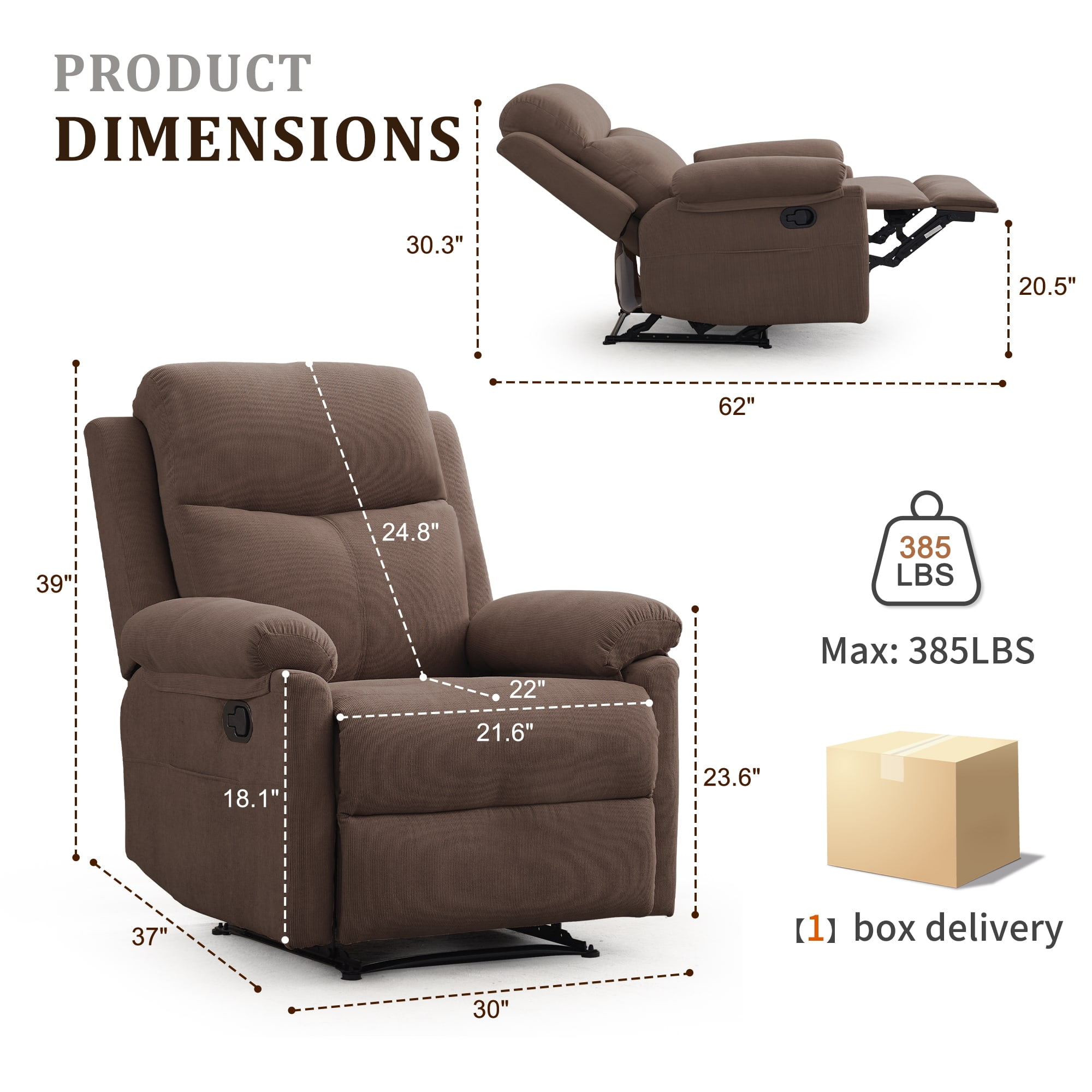 Korser Manual Small Recliner Chair for Small Spaces for Living Room,Corduroy,Brown