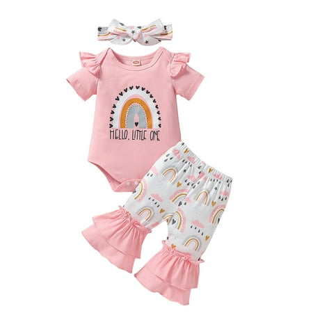 

Infant Baby Girls 1st Birthday Outfits Letter Print Short Sleeve Romper Donut/Rainbow Print Flare Pants Headband 3Pcs Clothes Set