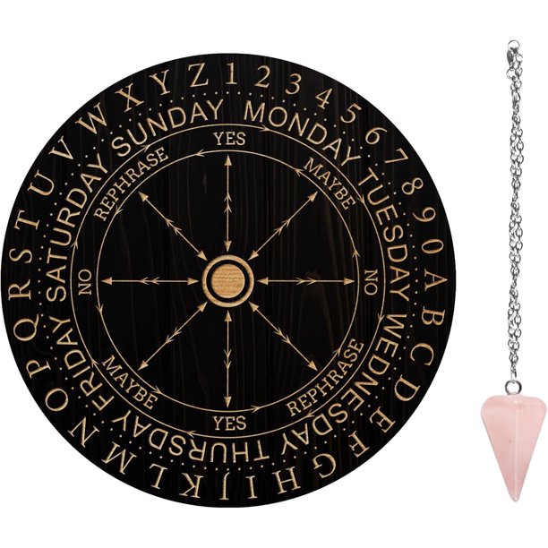 Tablero de péndulo de bruja de 7,8", tabla de radiestesia de madera con péndulos de radiestesia de cristal de cuarzo rosa, herramientas de adivinación de brujería para decoración de altares
