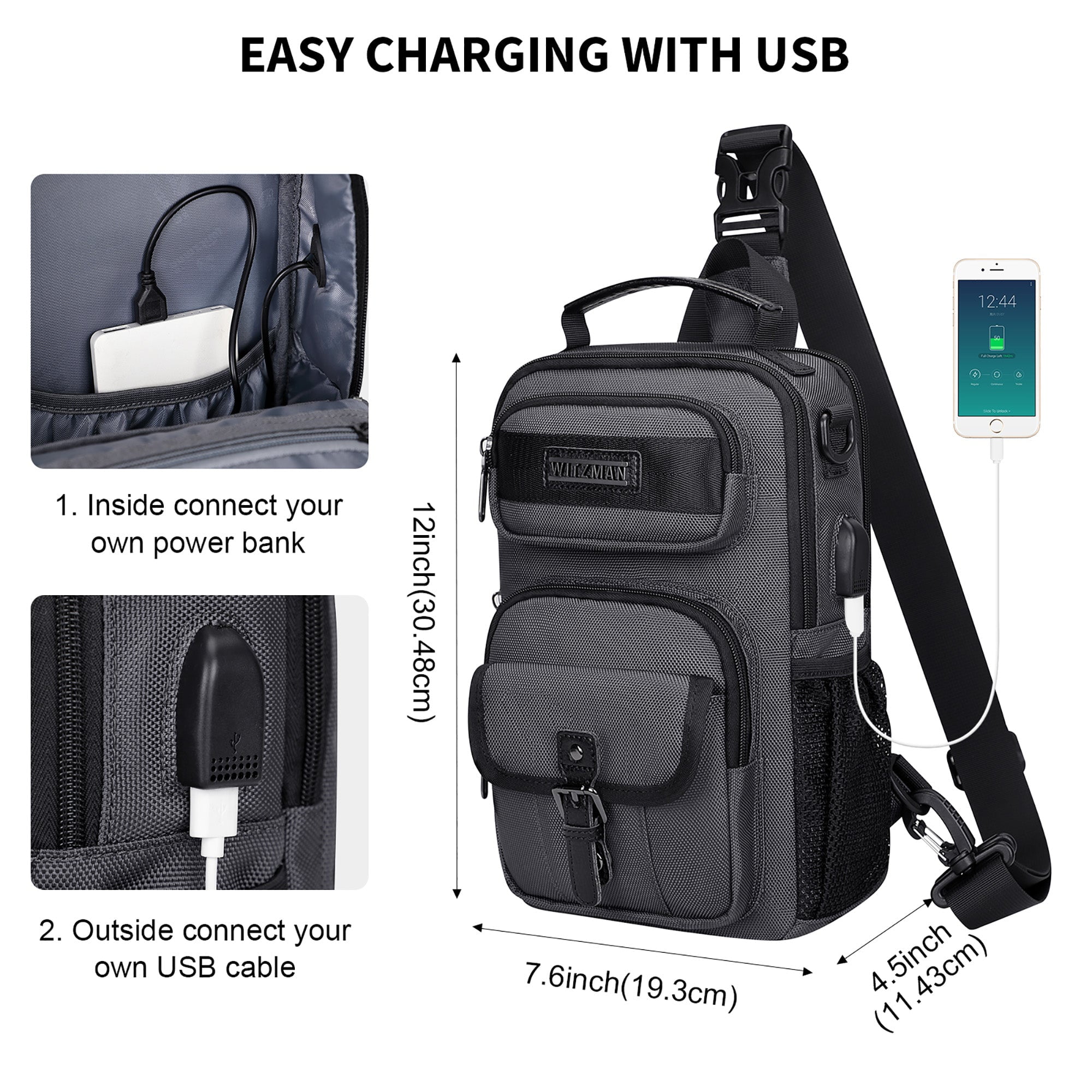 WITZMAN Sling Bag for Men Convertible Travel Sling Backpack USB Charging Port Lightweight Crossbody Bags Casual Daypack（B698 Silvery Grey）