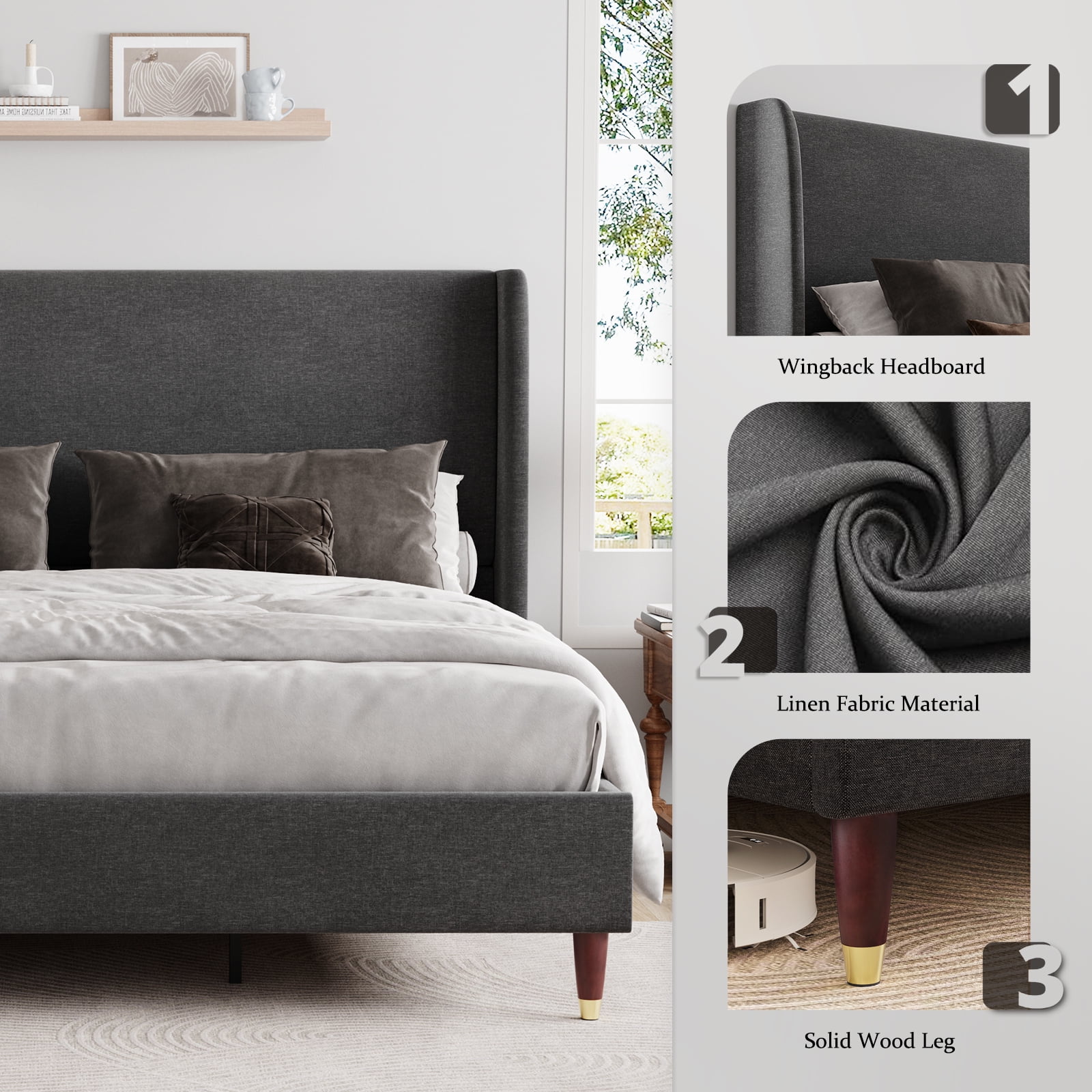 Merluxy 51.2" King Bed Frame with High Headboard,Upholstered Bed,Dark Grey