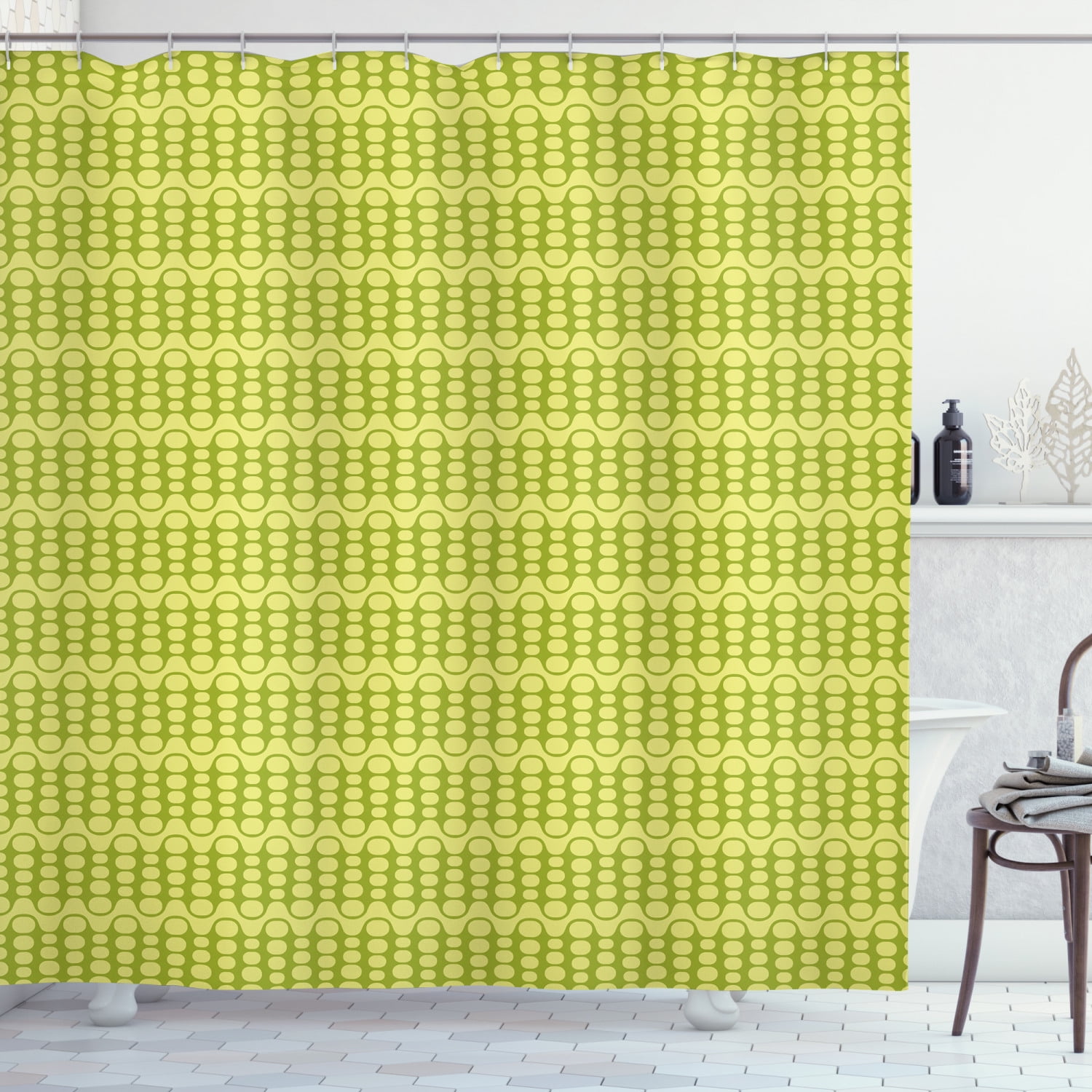 Vibrant Shower Curtain, Continuous Sketchy Geometric Minimalist Green Tones Print, Fabric