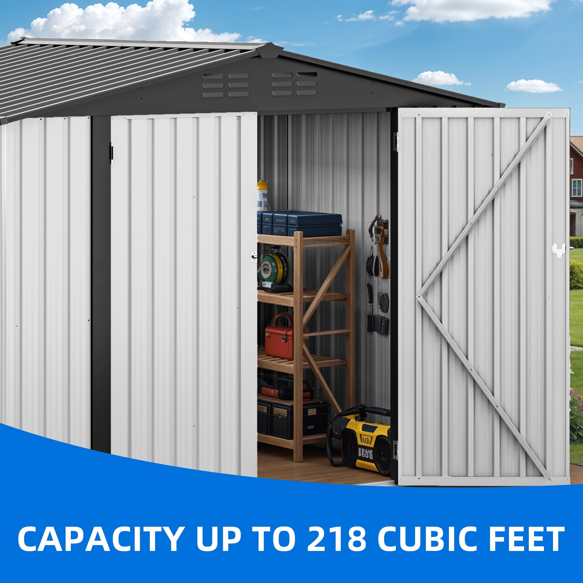 Dextrus 8x6 FT Outdoor Storage Shed with Lockable Doors & Air Vent, Large Metal Tool Sheds House for Backyard Patio, Bikes, Tools,White