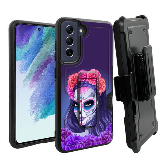 ANJ  Rugged Dual Layer Hybrid Holster Kickstand Case w/ Card Slot   Tempered Glass Cover for Samsung Galaxy S21 FE 5G - Skull Lady