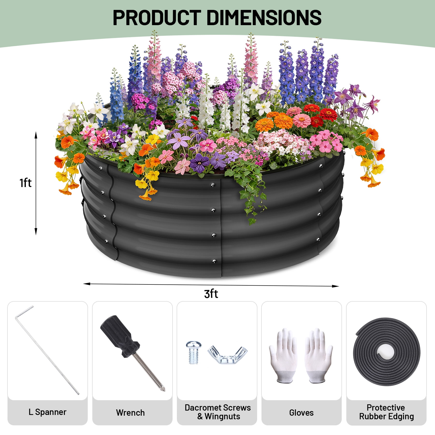 Garvee 2 Pcs Round Metal Raised Garden Bed, Galvanized Steel Planter Box, 3x3x1 FT Open-Bottom Outdoor Garden Bed with Safety Rubber Edging, Easy Assembly for Vegetables, Flowers, Herbs, Grey