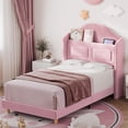 thumbnail image 2 of Bingirl Upholstered Twin Bed Frame with LED Lights and Velvet Finish - Wing Back Storage Headboard, Wood Slats Support, No Box Spring Needed, Easy Assembly - Pink, 2 of 8