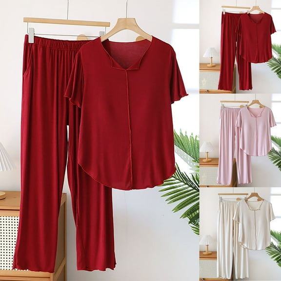 QNANSPI Pajamas for Women Set,Short Sleeve with Long Pajama Pant,Women's Fashion Solid Color with Chest Cushion Tops Long Pants Pajamas Sets