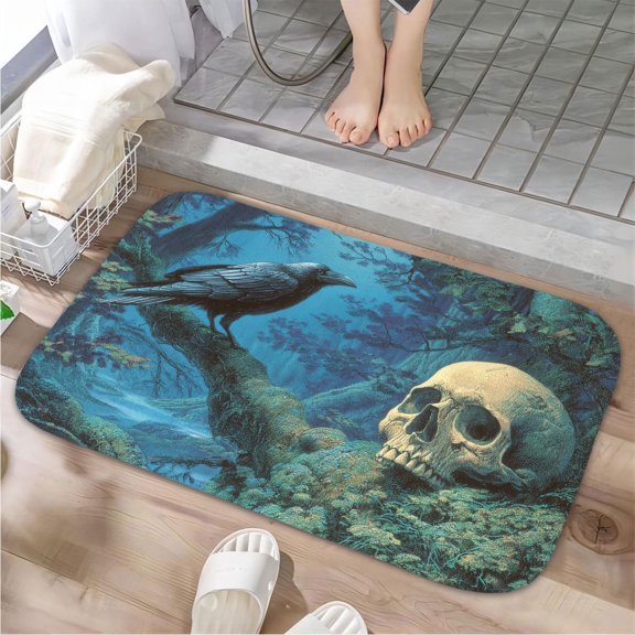 1pc A Raven and a Skull Absorbent Non-Slip Bathroom Thickened Flannel Rug Decor,Soft,Quick Drying,Suitable For Indoor/outdoor Use,Bathrooms,Bedrooms,Kitchens,Terrace,Laundry Rooms,16"x24"