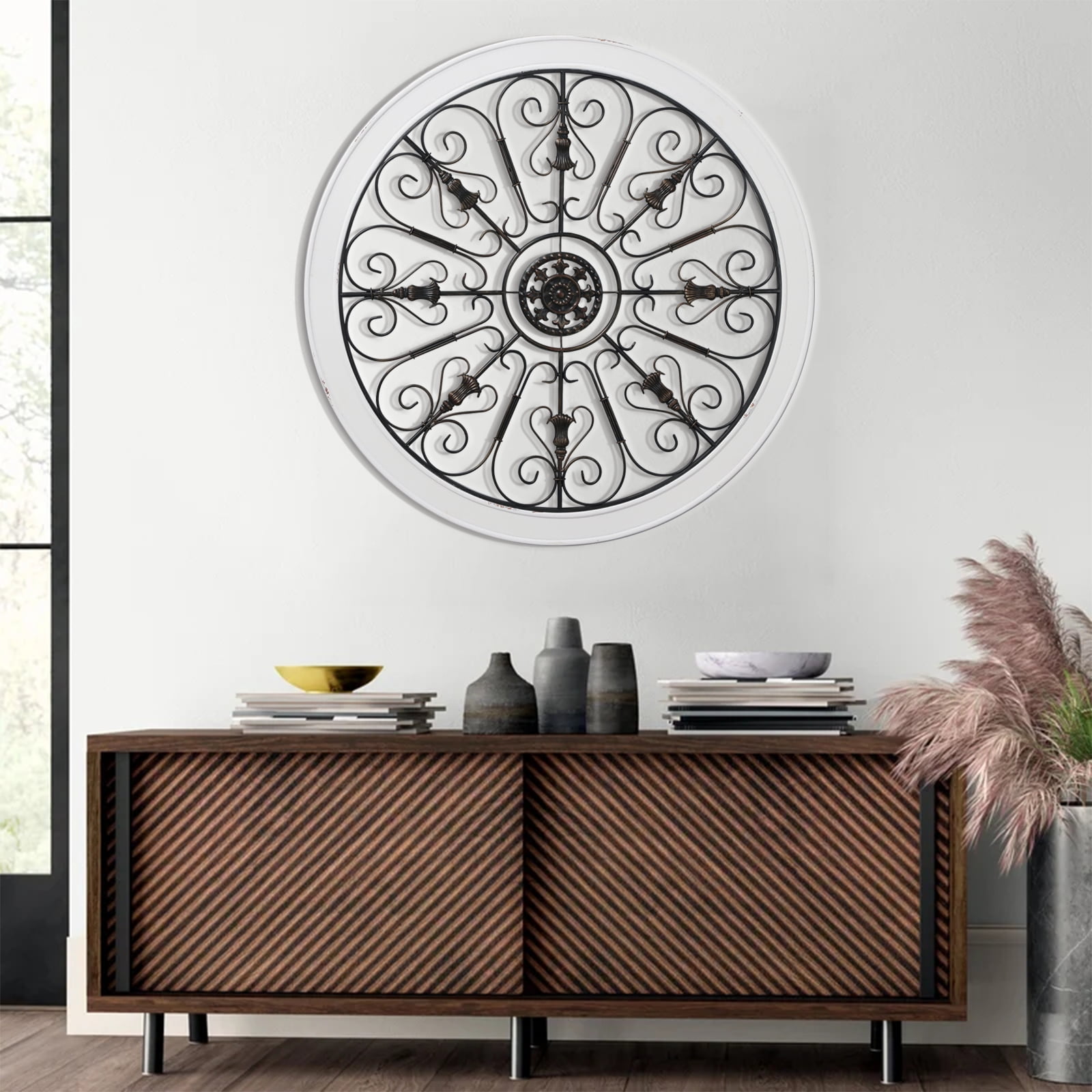 Sintosin Farmhouse White Round Wrought Iron Wall Decor 36 inch for