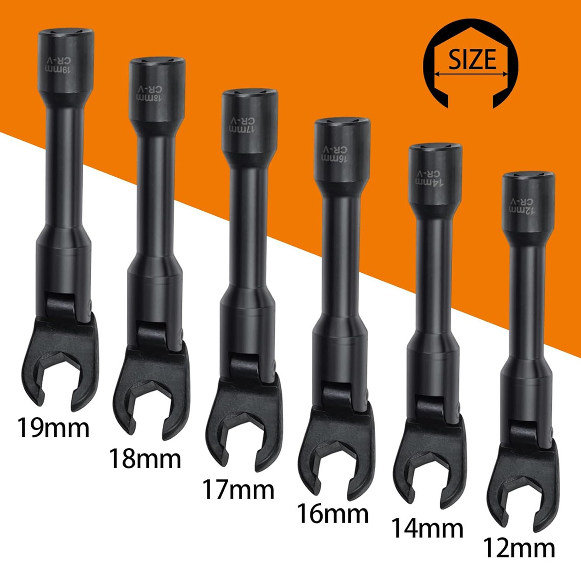 6 Piece Long Curved Head Line Wrench Set, 3/8 Inch Drive Syringe Fuel Line Fishtail Trumpet Socket Wrench Metric 12/14/16/17/18/19 mm
