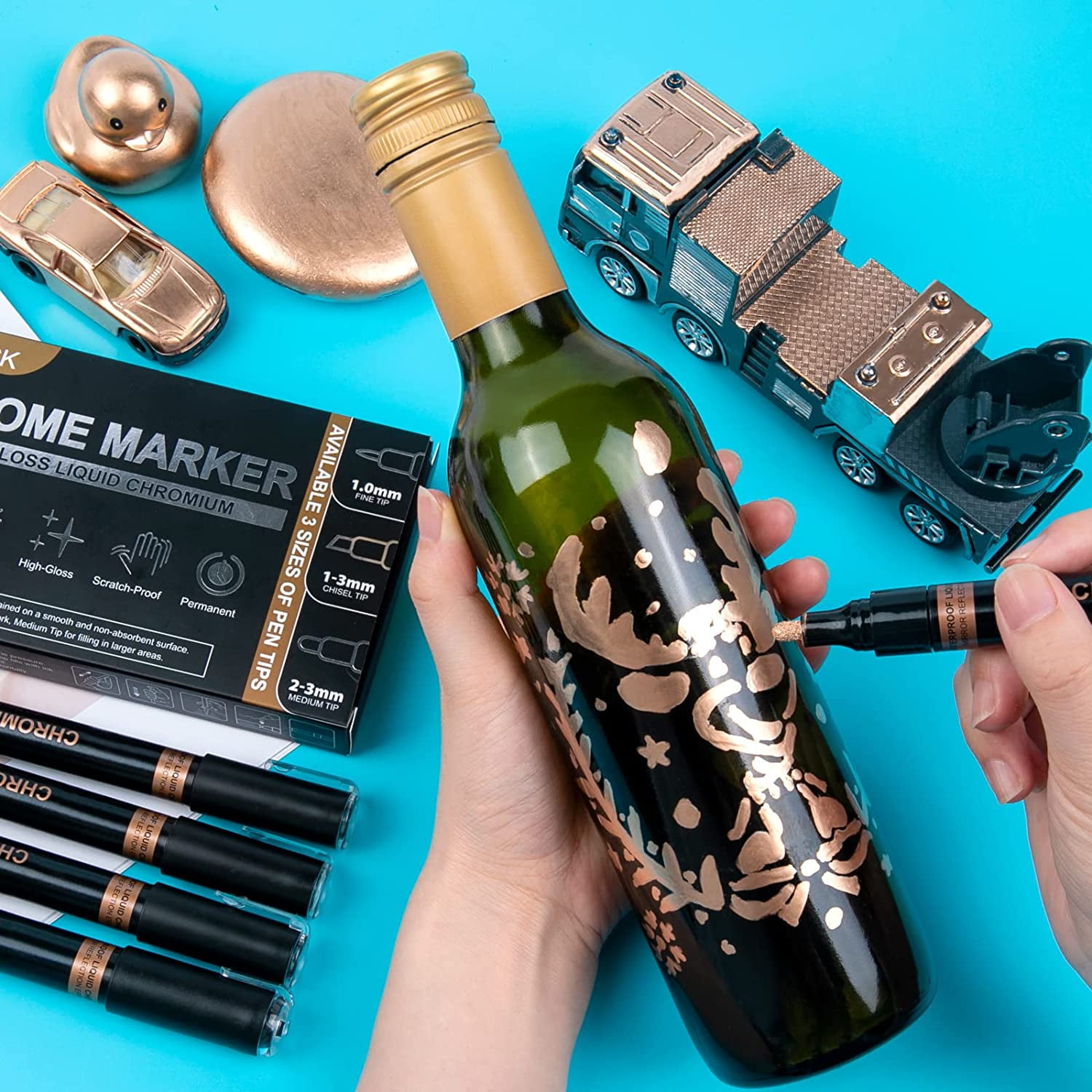 Copper Liquid Chrome Marker Set: 5pcs Oil- based Liquid Chrome Paint Pen, Permanent Reflective Chrome Touch Up Markers for Model Metal Plastic Glass Ceramic Cars Repair Tire DIY Art Craft(1-3mm)