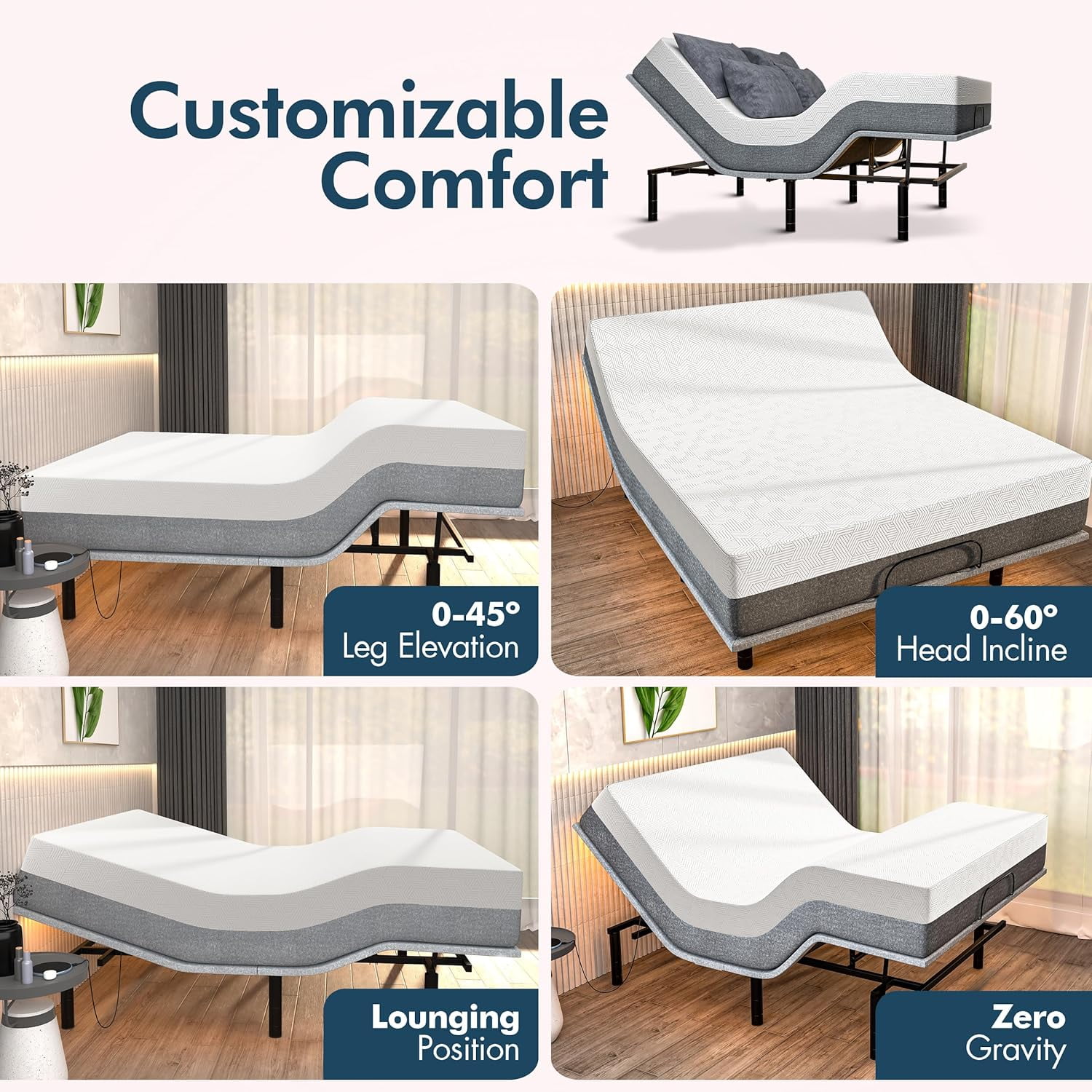 Renanim Serenityflex Adjustable Bed Frame with Electric Dual Massage - USB, Under Bed Light, Zero Gravity, App Control, Head and Foot Incline, Reclining Base Full