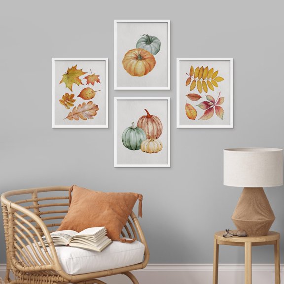 PixonSign Framed Wall Art Halloween Celebrations & Holidays Posters, Set of 4 Autumn Fall Leaves Pumpkin Farmhouse Illustrations Wall Decor, Adhesive Canvas Prints for Home Decor - 12"x16" White