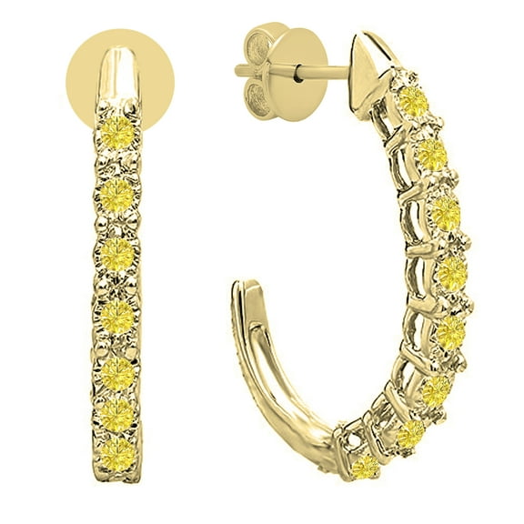 Dazzlingrock Collection Round Yellow Diamond Fancy J Shaped Classic Pushback Hoop Earrings for Women (0.15 ctw, Color Yellow, Clarity I2-I3) in 18K Yellow Gold