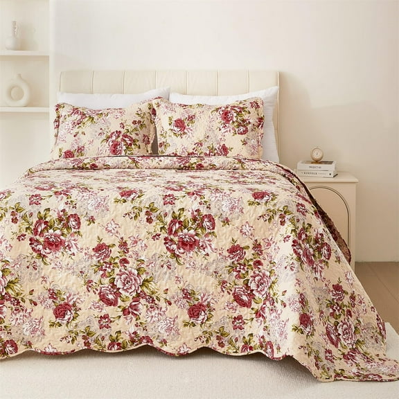 Summer Floral Queen Quilted Bedspread, Red Quilt Set, Reversible Stitched Bedding Cover All Season, Soft Lightweight Coverlet with Pillow Cases (Red Rose, Queen(90"x90"))