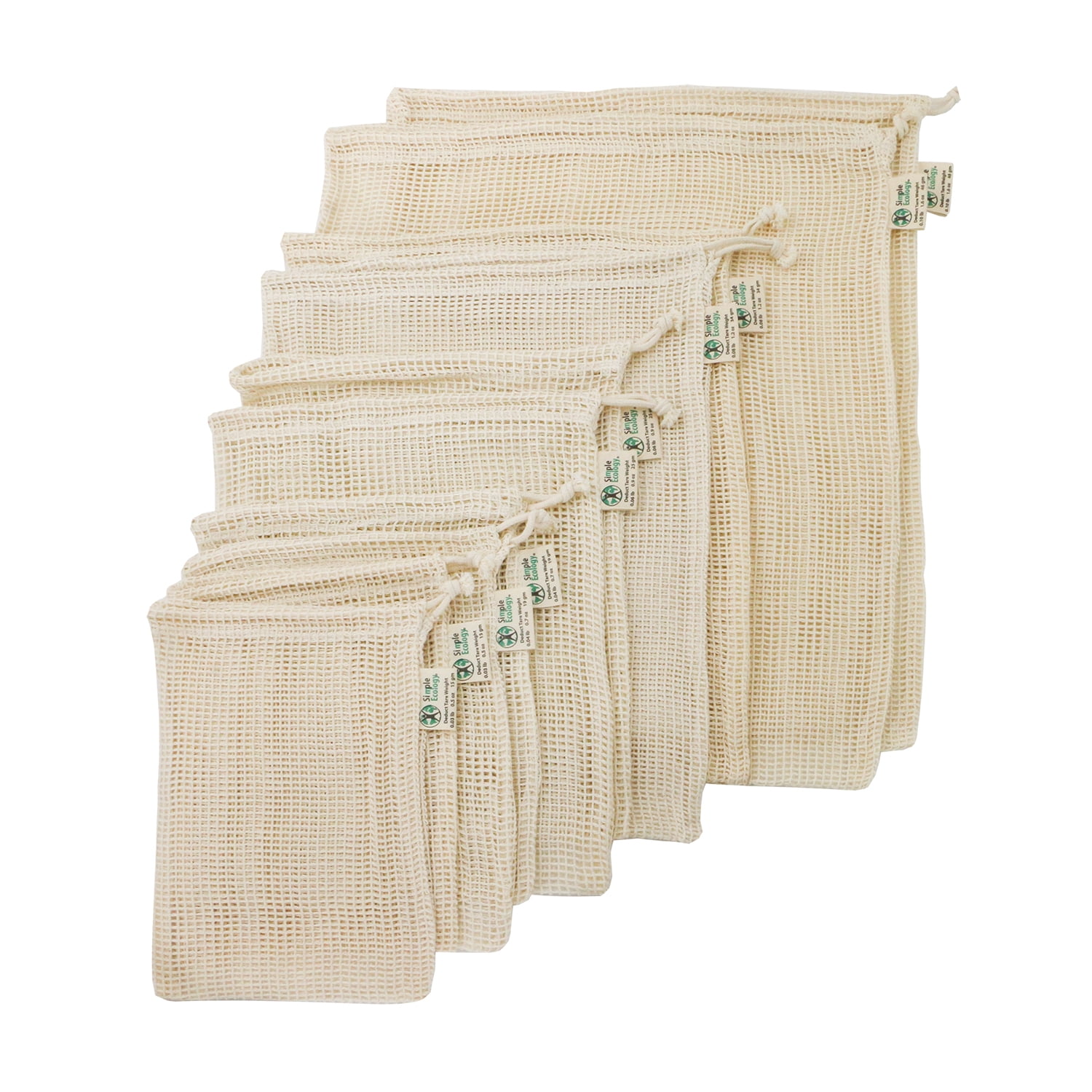 Simple Ecology Organic Cotton Mesh Reusable Grocery Shopping Produce Bags - Set of 10 (2 ea. XL, L, M, S, XS)