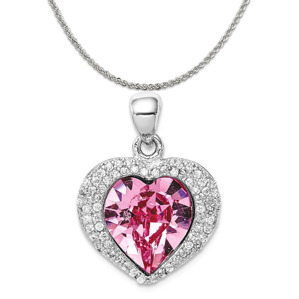 Sterling Silver Rhodium-plated Crystal Pink Heart & Key Necklace 18 Inch 