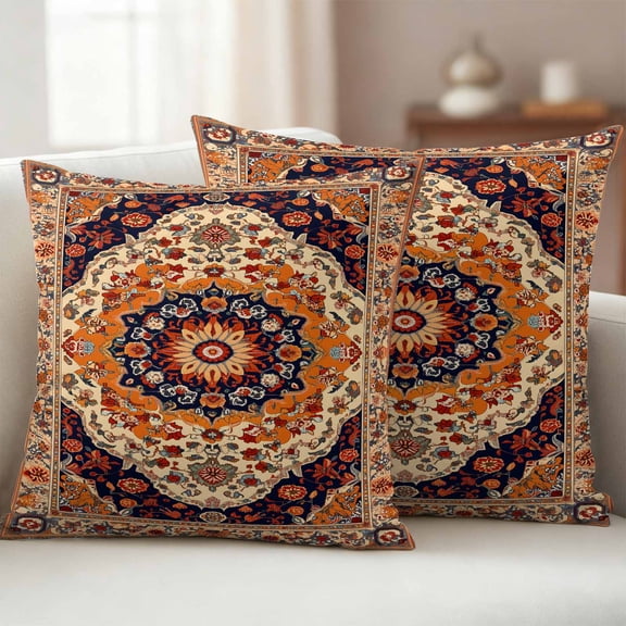 Pack of 2 Outdoor Pillow Covers 16x16 Inch Waterproof Orange Boho Flower Throw Pillow Covers,Decorative Couch Pillow Shams Protectors Traditional Oriental Tribal Ethnic Patio Cushion Pillowcases