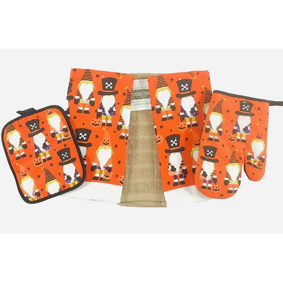 Halloween Kitchen Dish Towels and Pot Holders Set: Hallow Gnomes Dressed Up for Trick or Treating