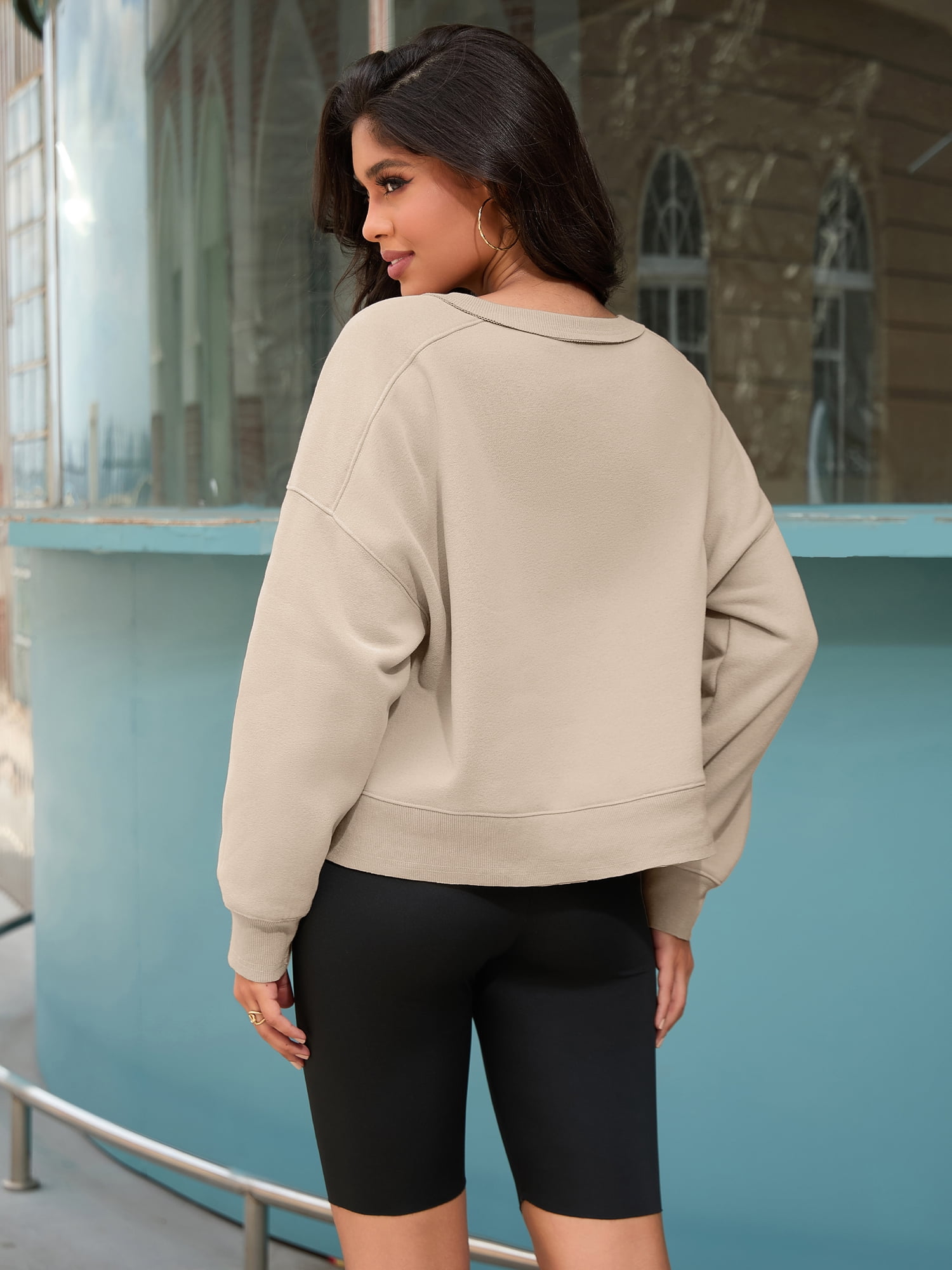 DARING DIVA Women's Crew Neck Fleece Pullover Oversized Cropped Sweatshirt XL Khaki