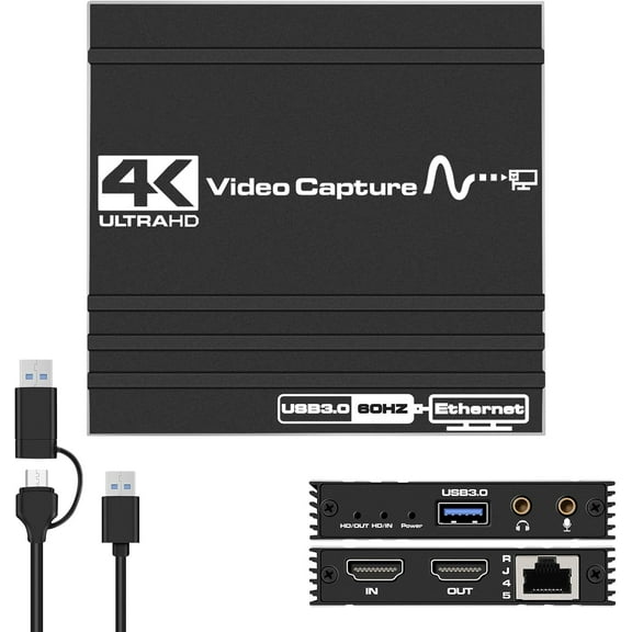 AUBEAMTO HDMI Audio Video Capture Card: 4K@60Hz with RJ45 & Microphone USB 3.0 Loop-Out Device for Live Streaming Gaming Video Conference Works Switch/PS5/PS4/PS3/OBS/Xbox/Camera/PC/Phone