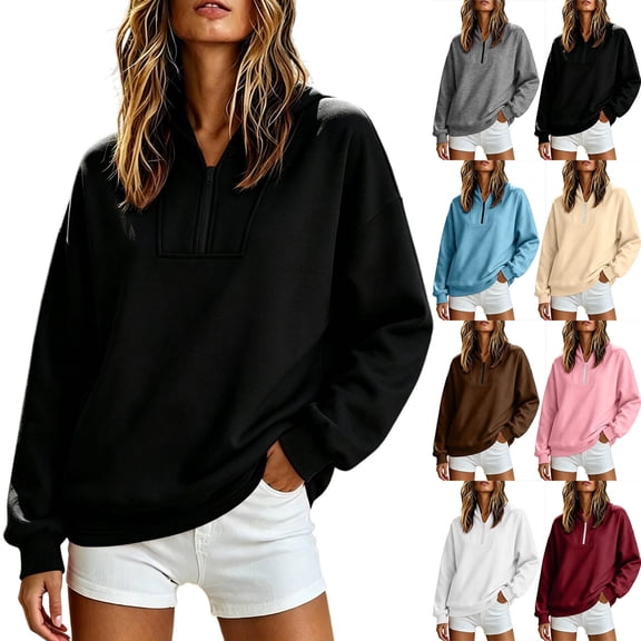 Womens Casual Sweatshirt Loose Fit Quarter Zip Oversized Drop Shoulder Long Sleeve Pullover Top for Weekend Errand Outfit .